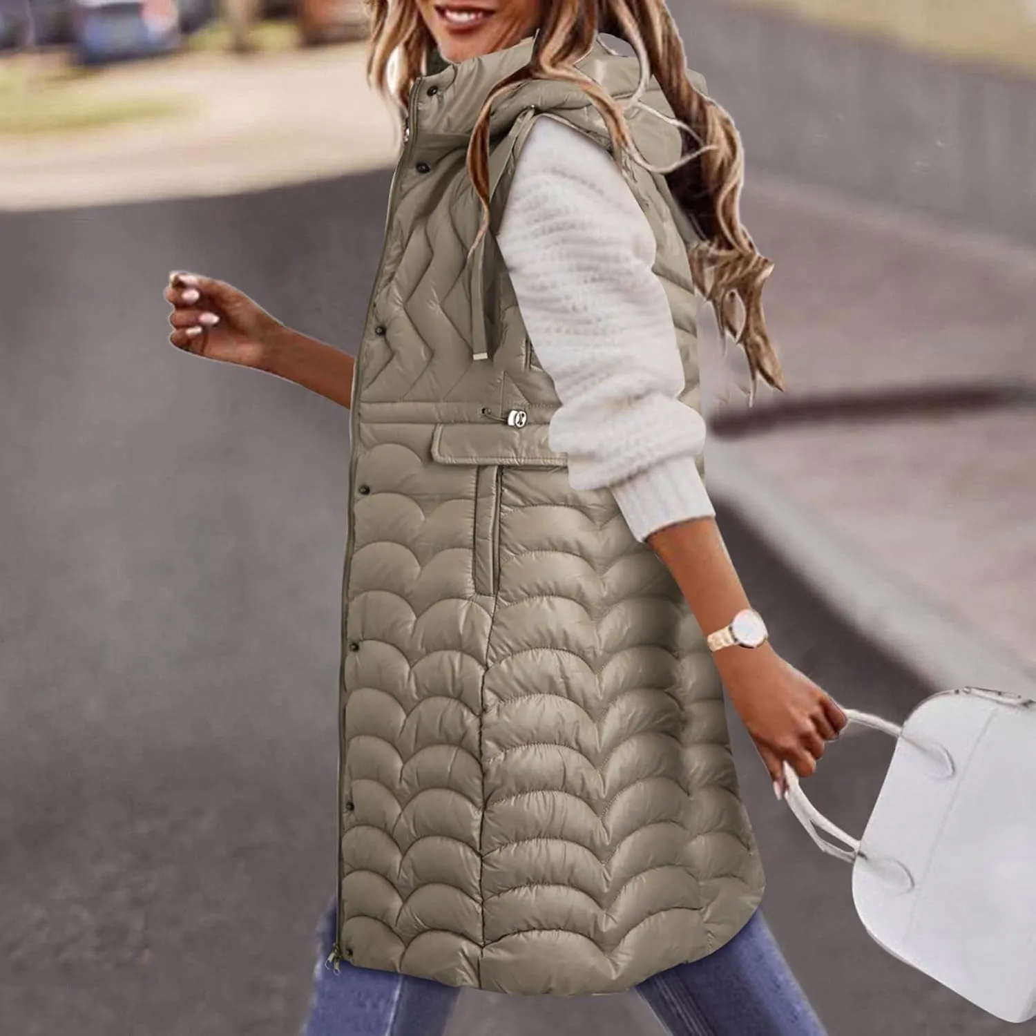 2024 Women's Long Puffer Vest Winter Warm Sleveless Puffer Jackets Hoodies Full Zipper Down Coats Thickened Windbreakers
