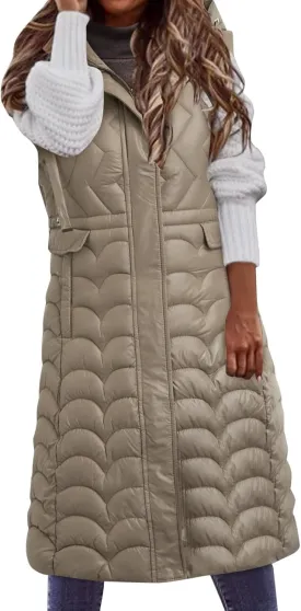 2024 Women's Long Puffer Vest Winter Warm Sleveless Puffer Jackets Hoodies Full Zipper Down Coats Thickened Windbreakers
