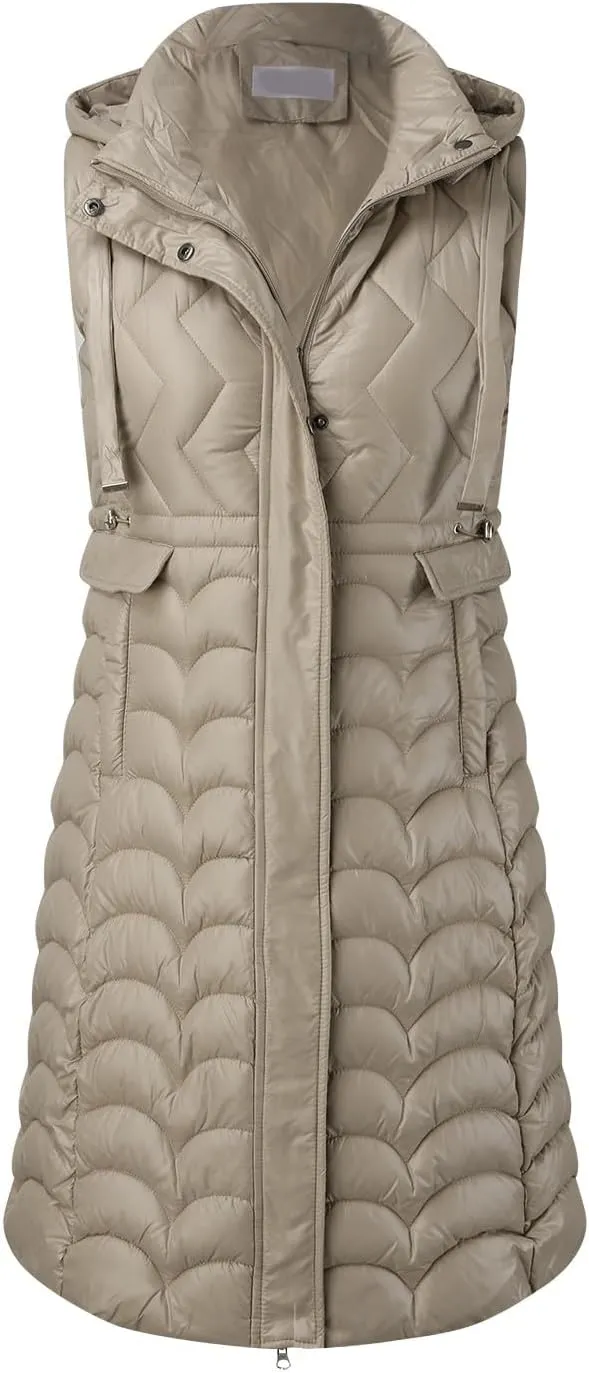 2024 Women's Long Puffer Vest Winter Warm Sleveless Puffer Jackets Hoodies Full Zipper Down Coats Thickened Windbreakers