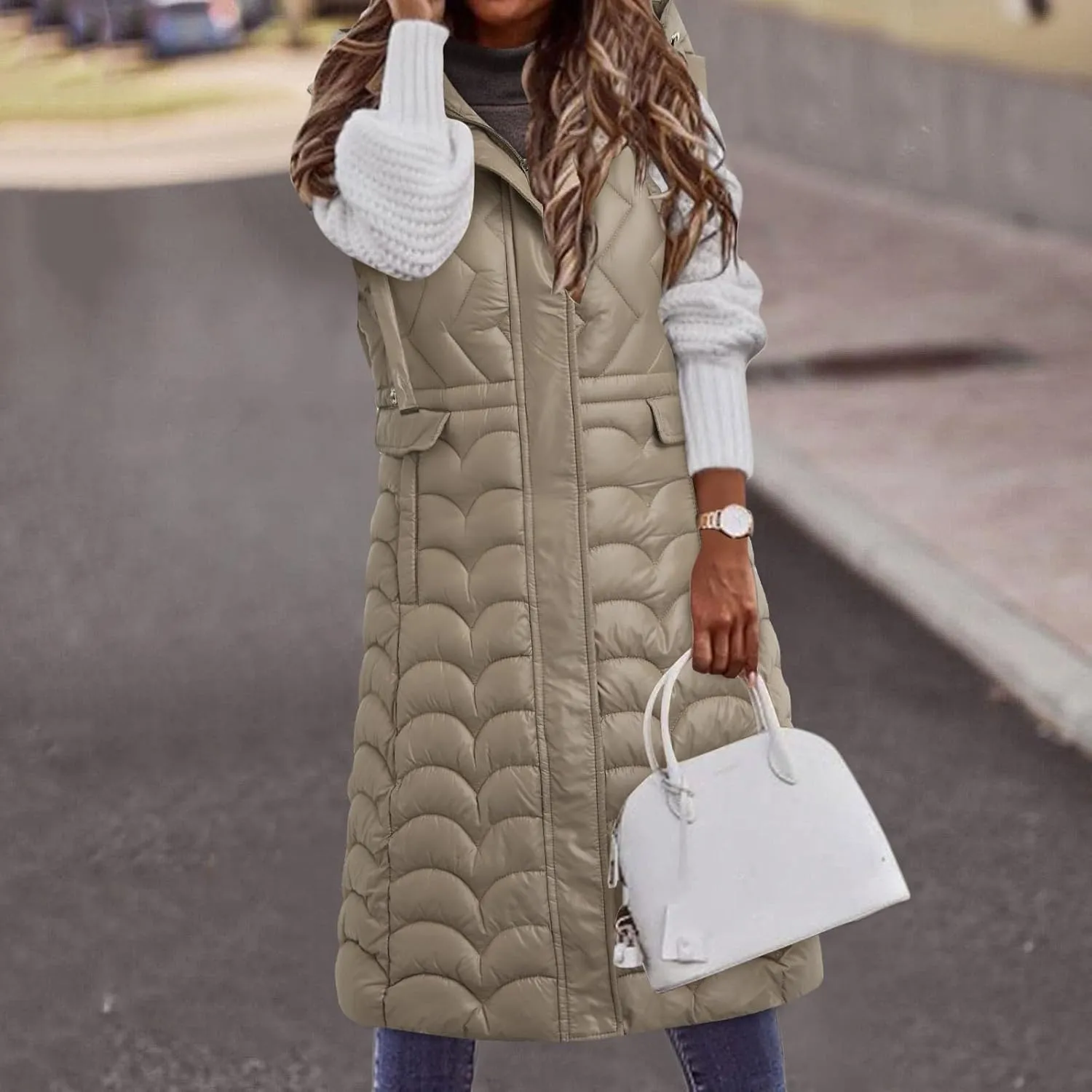2024 Women's Long Puffer Vest Winter Warm Sleveless Puffer Jackets Hoodies Full Zipper Down Coats Thickened Windbreakers