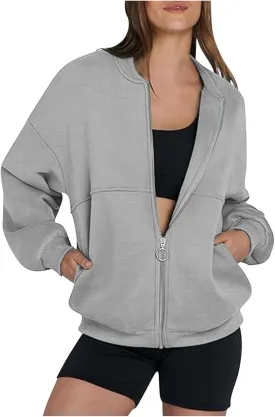 Akklian Women's Zip Up Sweatshirt Jacket No Hood Long Sleeve Casual Loose Outwear with Pockets 2024 Oversized Fashion Clothes