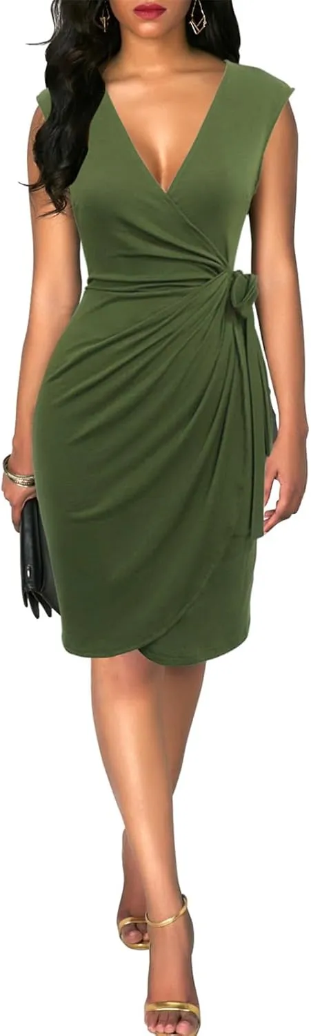 Berydress Women's Vintage V-Neck Sheath Casual Party Work Faux Black Wrap Dress
