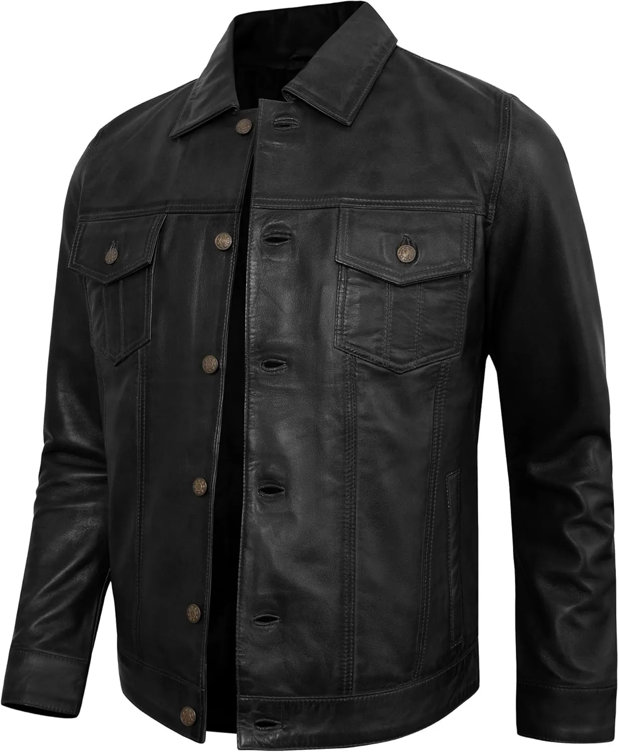 Casual Real Lambskin Vintage Style Outwear Mens Leather Jackets - Turn Down Collar Leather Trucker Jacket Men