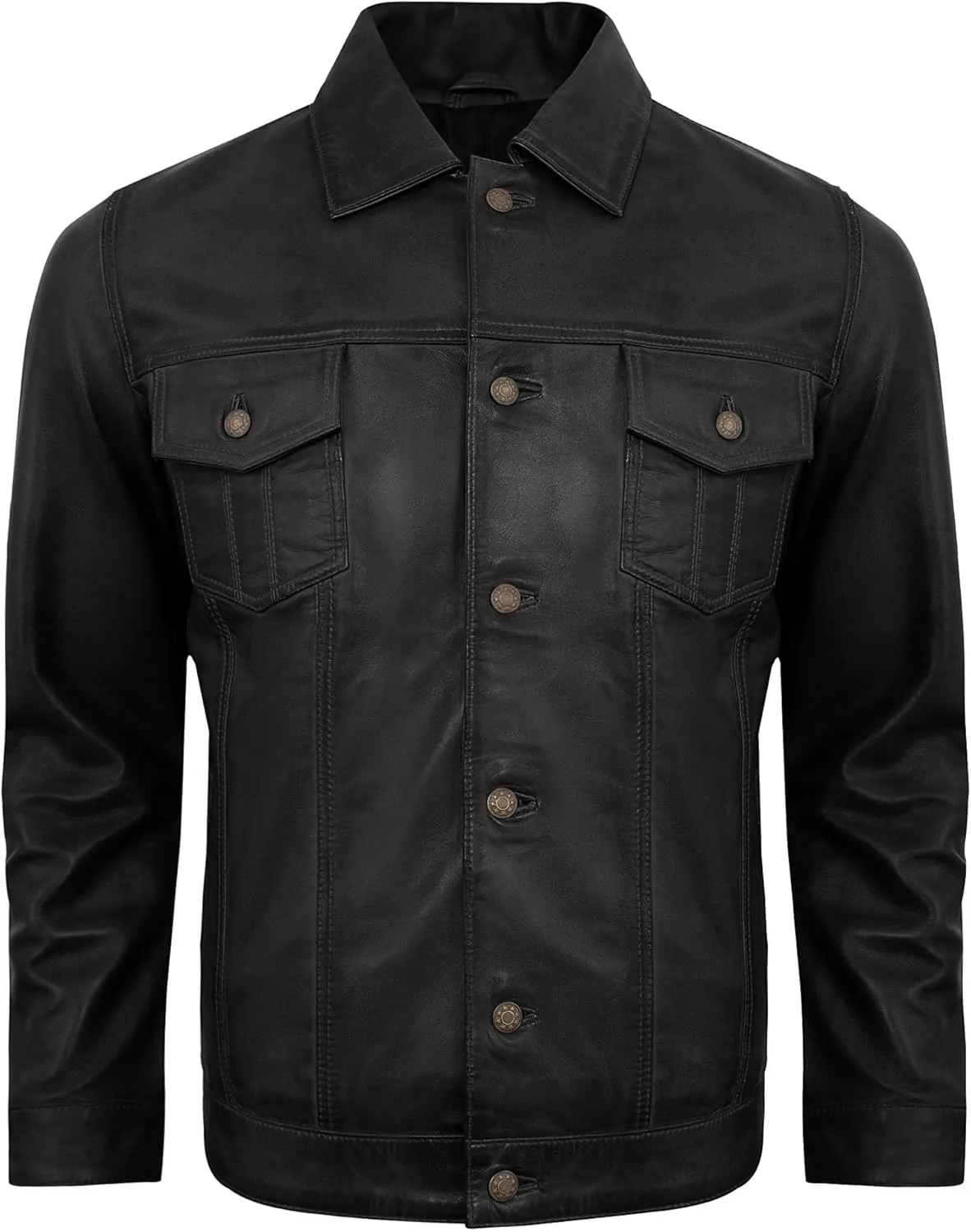 Casual Real Lambskin Vintage Style Outwear Mens Leather Jackets - Turn Down Collar Leather Trucker Jacket Men