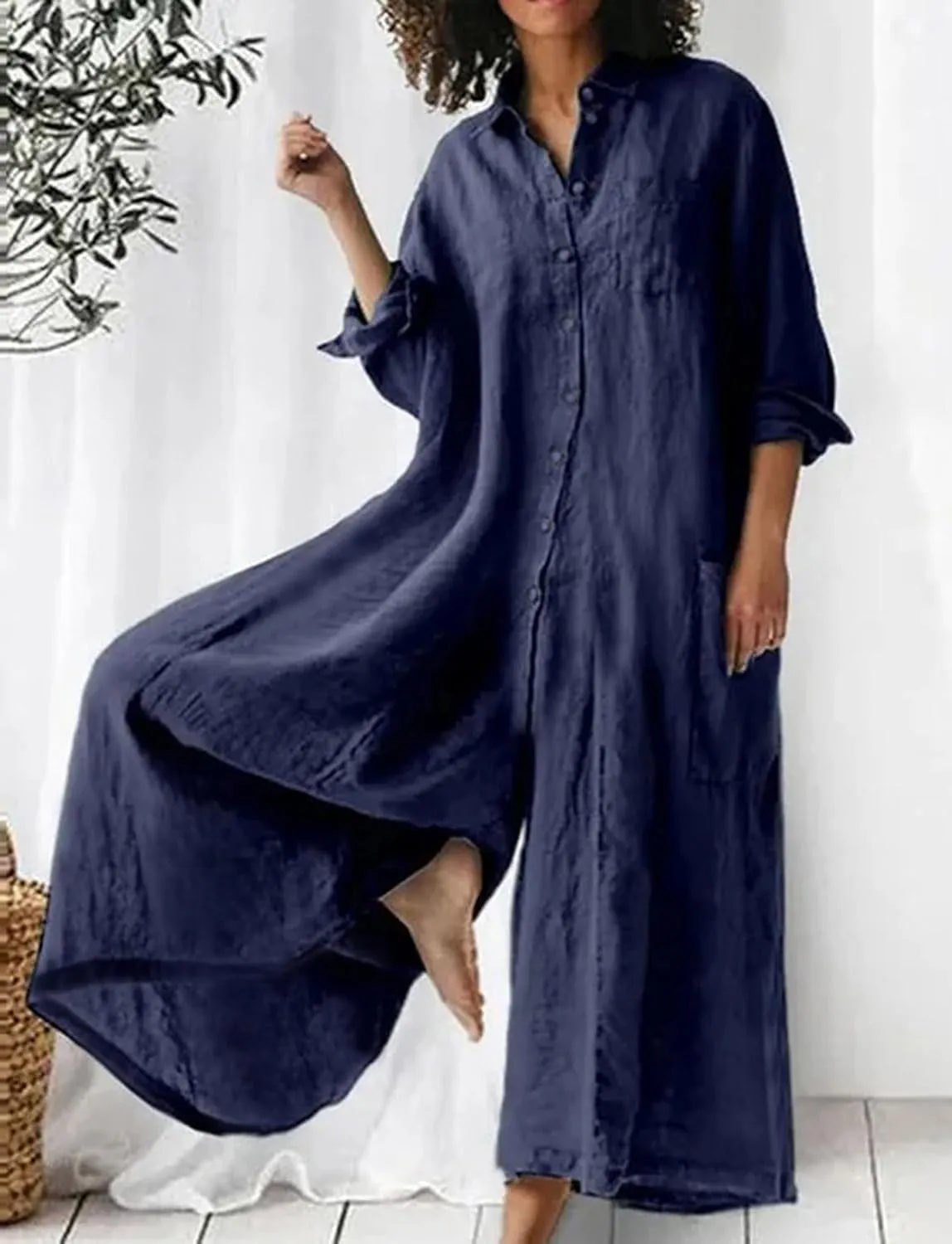 CHARTOU Women Linen Button Down Long Sleeve Wide Leg Jumpsuit Beach Palazzo Pants One Piece Jumpsuit