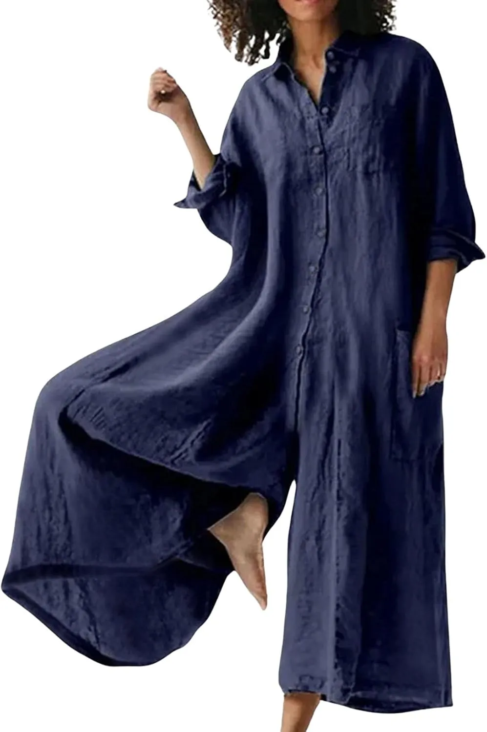 CHARTOU Women Linen Button Down Long Sleeve Wide Leg Jumpsuit Beach Palazzo Pants One Piece Jumpsuit