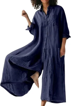 CHARTOU Women Linen Button Down Long Sleeve Wide Leg Jumpsuit Beach Palazzo Pants One Piece Jumpsuit