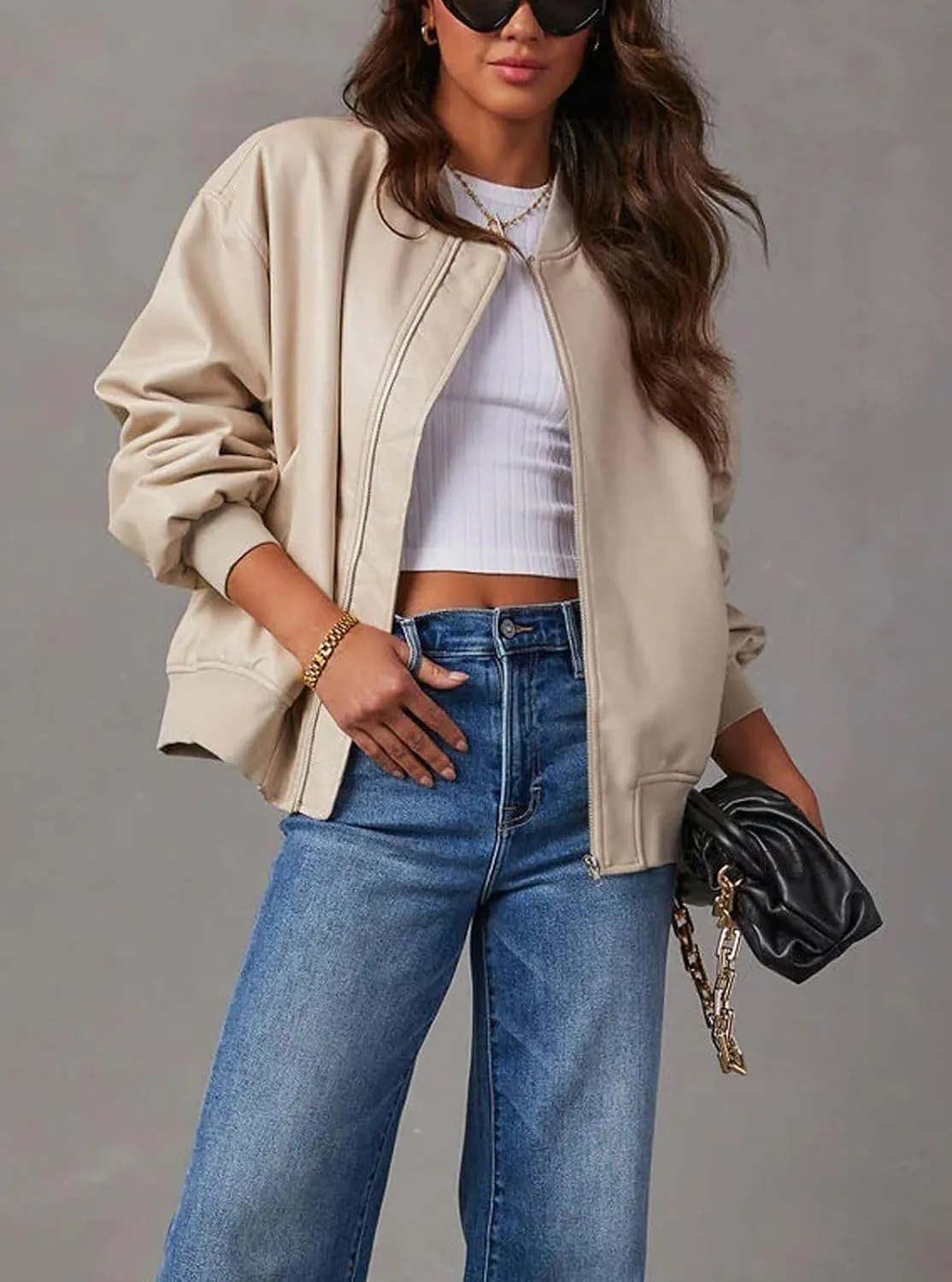 chouyatou Women's Fall Oversized Faux Leather Bomber Jacket Zip Boyfriend Motocycle Leather Jacket