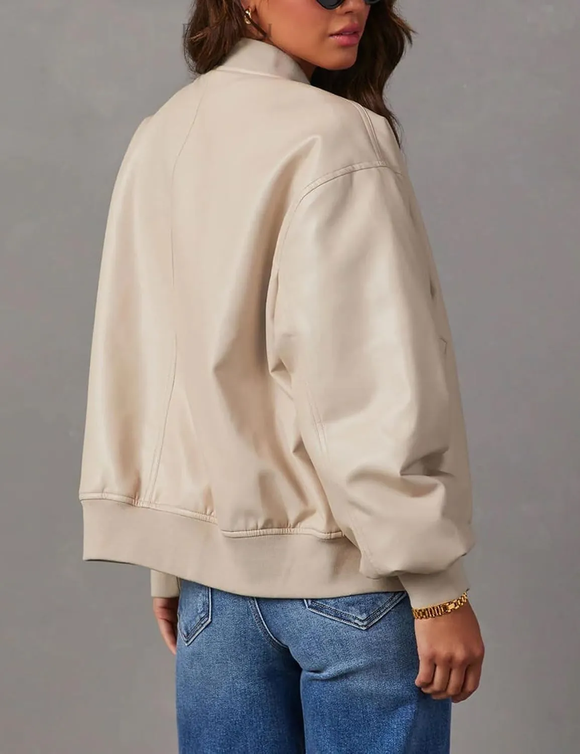 chouyatou Women's Fall Oversized Faux Leather Bomber Jacket Zip Boyfriend Motocycle Leather Jacket