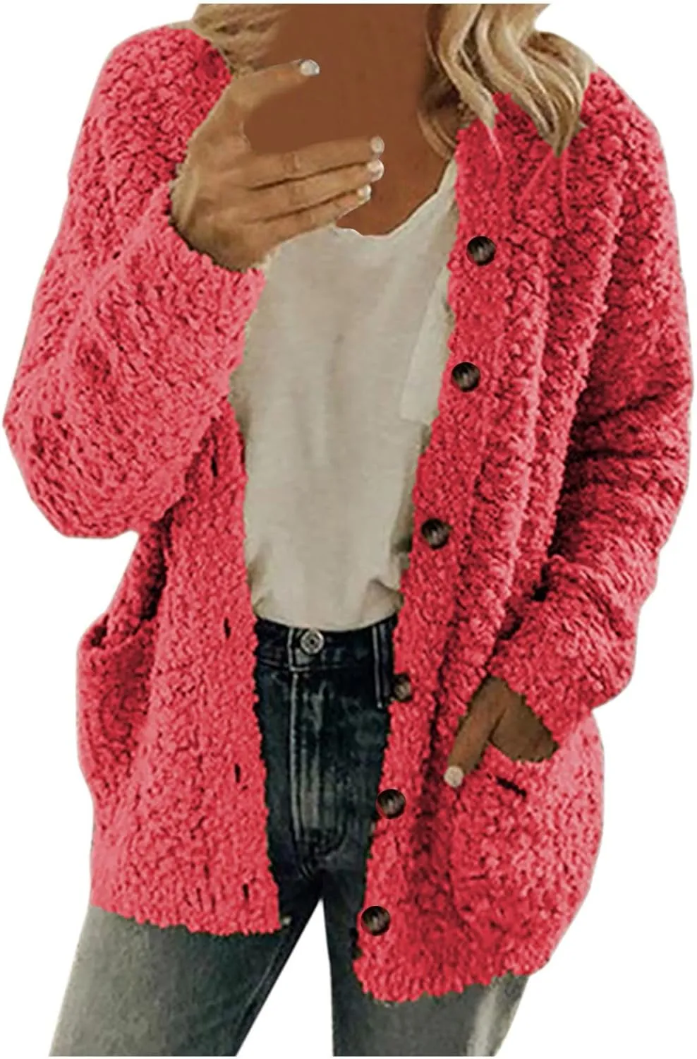 Chunky Open Front Cardigan for Women Fluffy Button Up Sweater Coat Winter Shaggy, Womens Fuzzy Popcorn Outwear