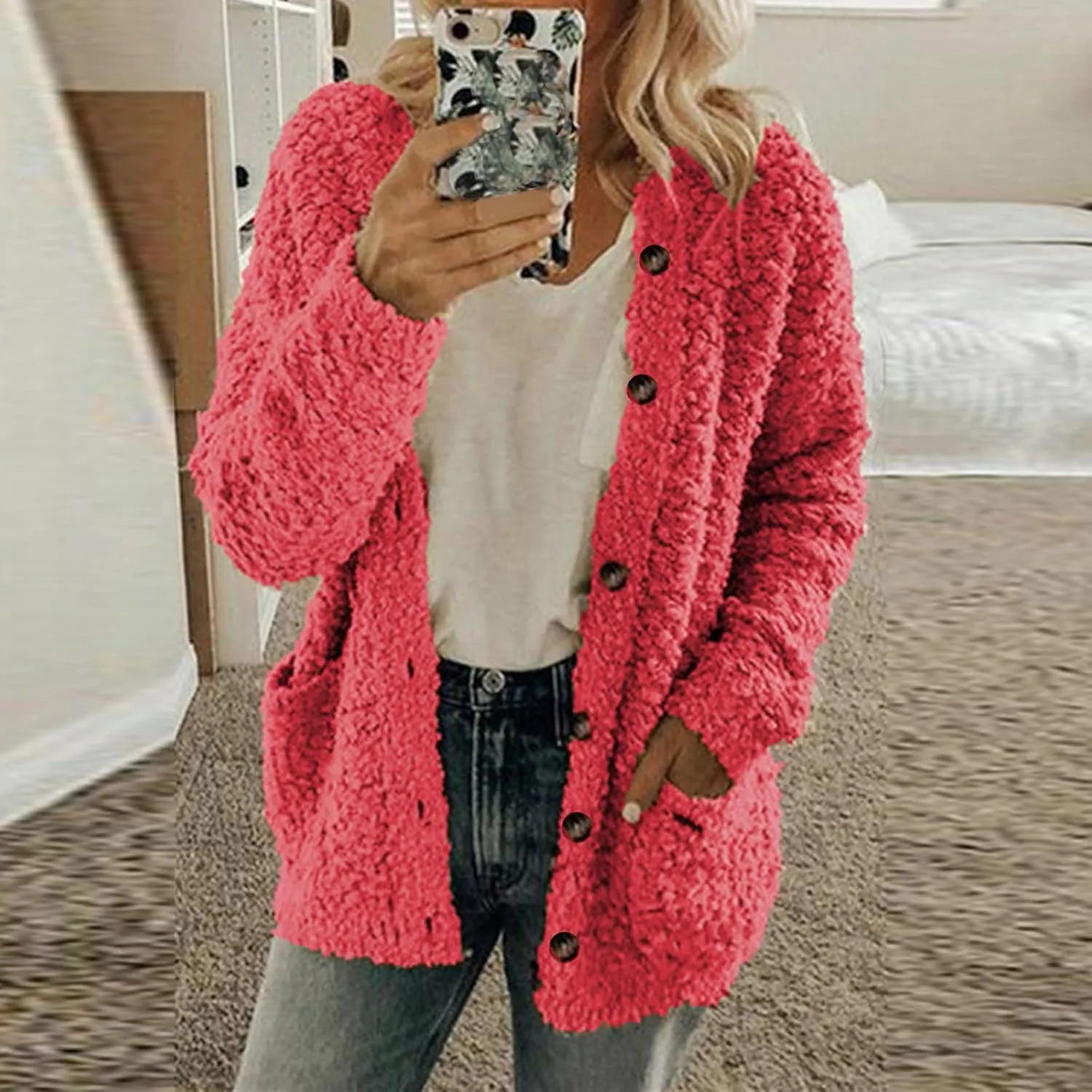 Chunky Open Front Cardigan for Women Fluffy Button Up Sweater Coat Winter Shaggy, Womens Fuzzy Popcorn Outwear