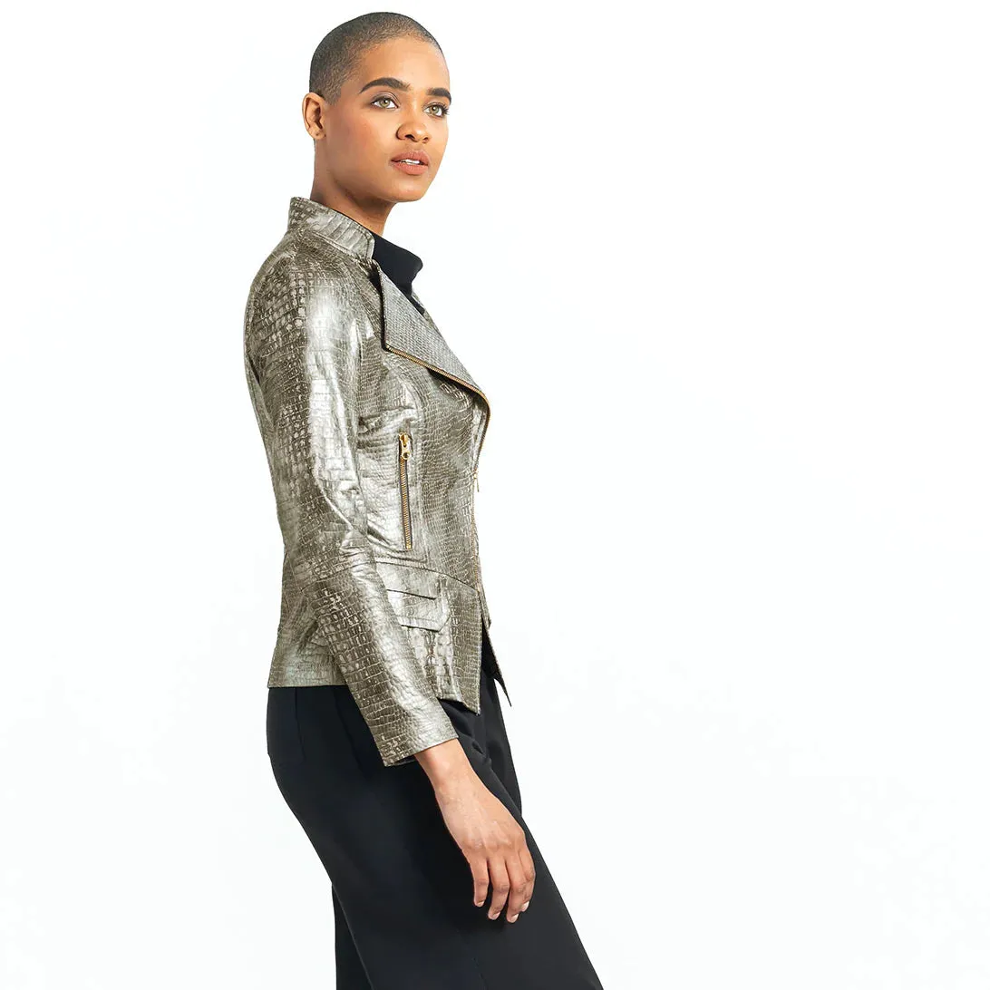 Clara Sunwoo Clothing - Croc Print Liquid Leather Stretch Knit Biker Jacket - Olive