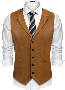 COOFANDY Men's Leather Suit Vest Casual Western Vest Jacket Lightweight V-Neck Dress Waistcoats