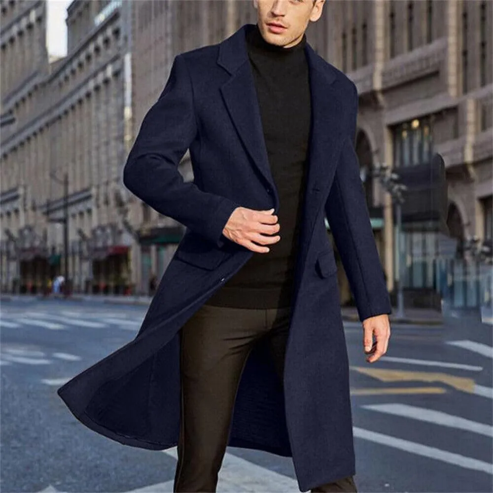 crazynekos Mens Trench Coat Wool Blend Top Pea Coat Winter Long Classic Stylish Business Overcoat Windbreaker Coat