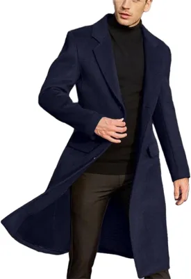 crazynekos Mens Trench Coat Wool Blend Top Pea Coat Winter Long Classic Stylish Business Overcoat Windbreaker Coat