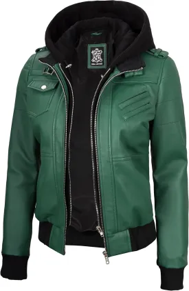 Decrum Leather Jacket Women - Casual Real Lambskin Leather Bomber Jacket Women with Detachable Hood