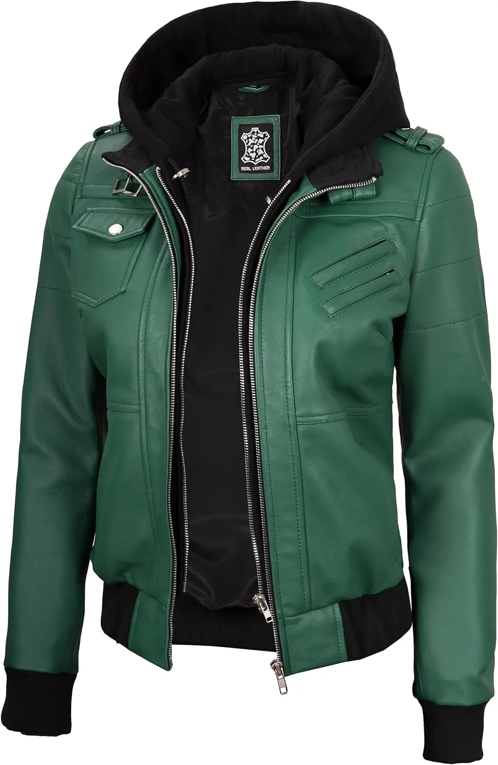 Decrum Leather Jacket Women - Casual Real Lambskin Leather Bomber Jacket Women with Detachable Hood