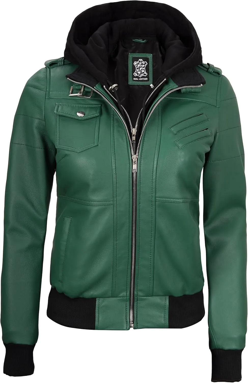 Decrum Leather Jacket Women - Casual Real Lambskin Leather Bomber Jacket Women with Detachable Hood