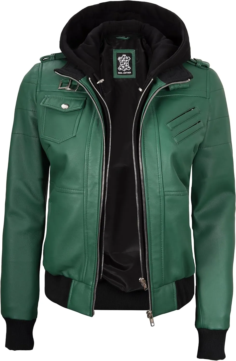 Decrum Leather Jacket Women - Casual Real Lambskin Leather Bomber Jacket Women with Detachable Hood