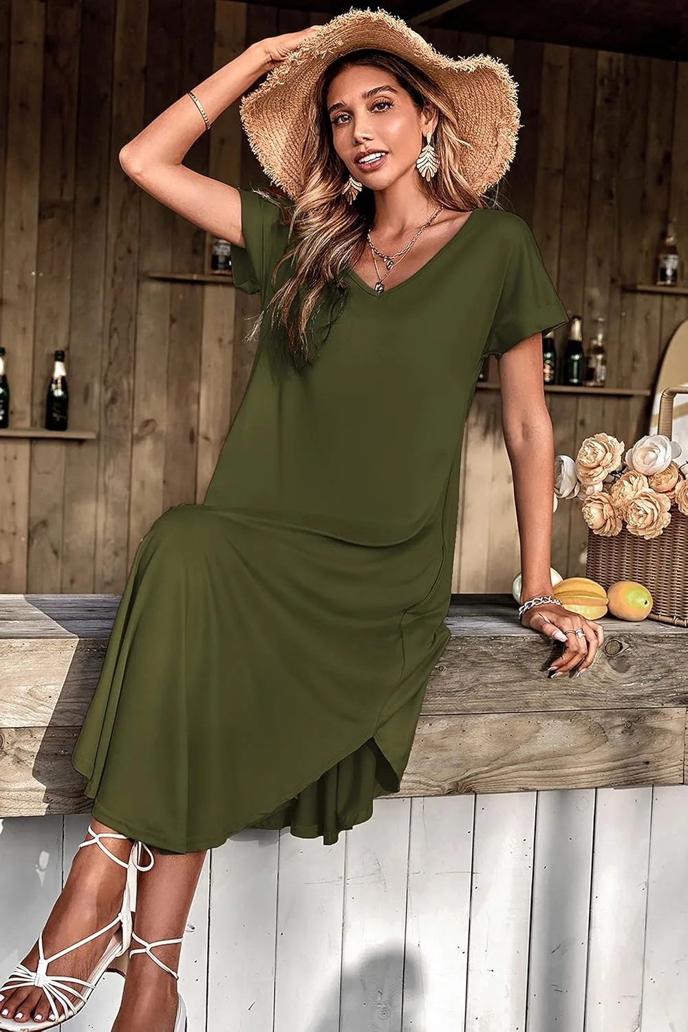 Ekouaer Nightgowns for Women V Neck Nightshirts Short Sleeve Soft Sleepwear Side Split Pockets Long Nightdress
