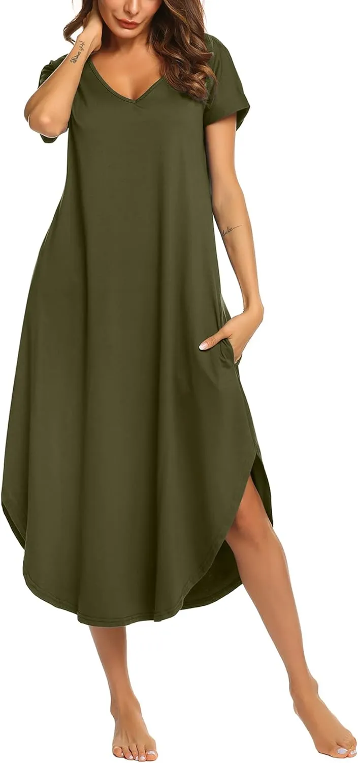 Ekouaer Nightgowns for Women V Neck Nightshirts Short Sleeve Soft Sleepwear Side Split Pockets Long Nightdress