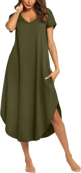 Ekouaer Nightgowns for Women V Neck Nightshirts Short Sleeve Soft Sleepwear Side Split Pockets Long Nightdress