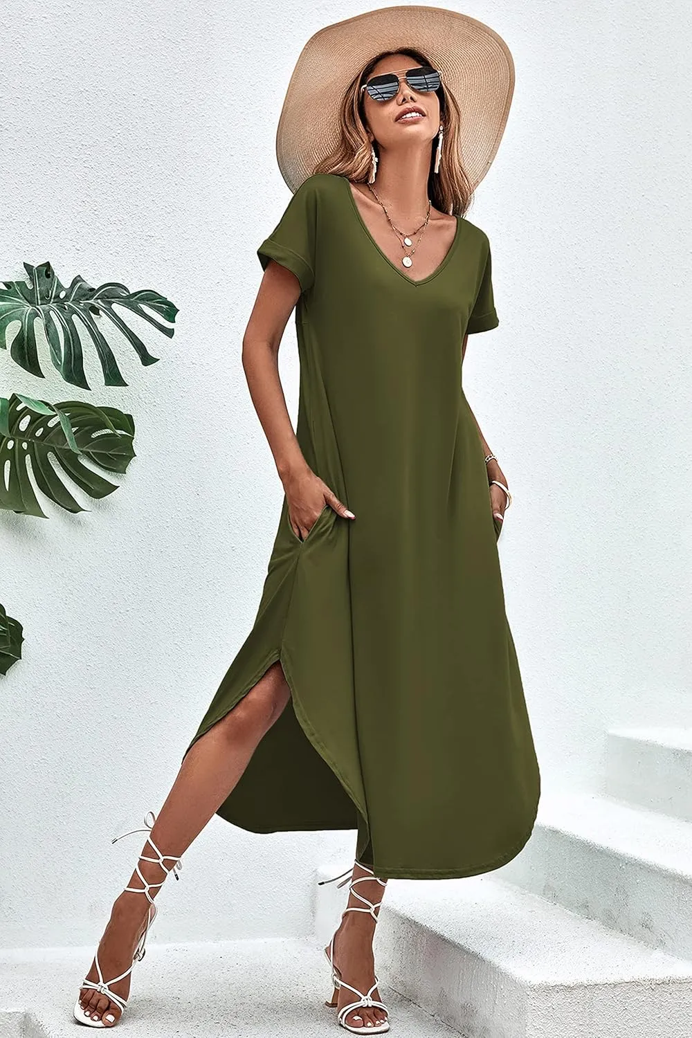 Ekouaer Nightgowns for Women V Neck Nightshirts Short Sleeve Soft Sleepwear Side Split Pockets Long Nightdress