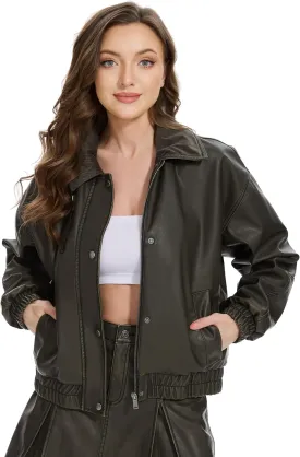 Fahsyee Women's Faux Leather Jacket Oversized Moto Biker Coat Vintage with Corduroy Collar S-XXL