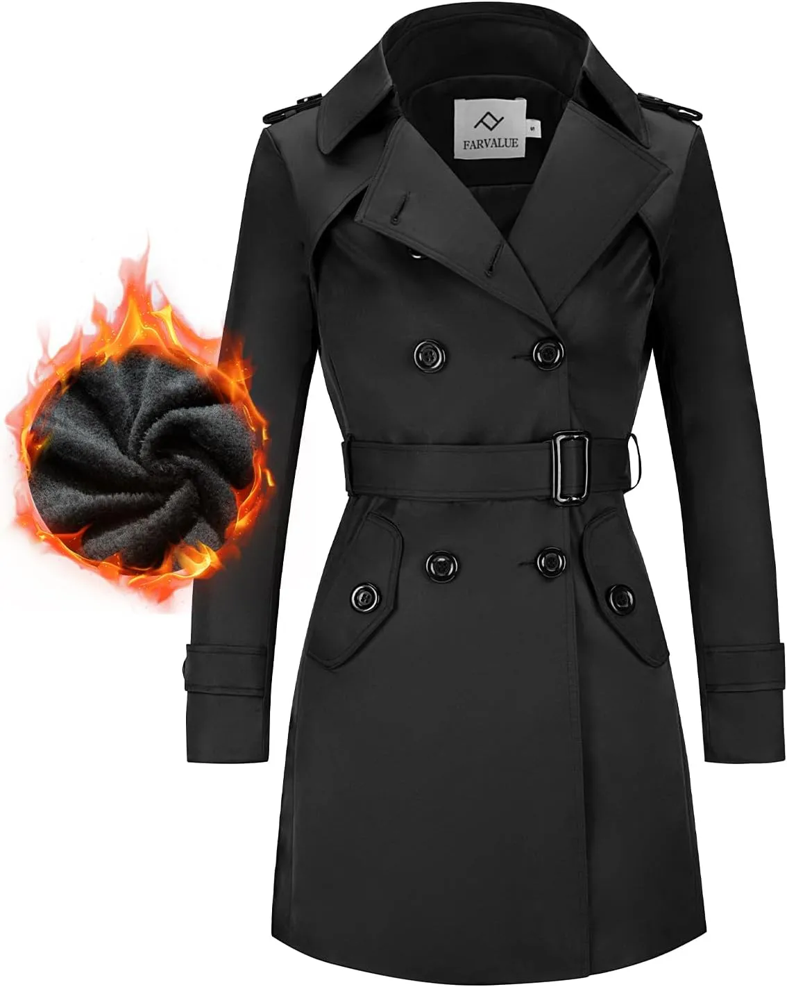 FARVALUE Women's Waterproof Trench Coat Winter Double Breasted Windbreaker Classic Belted Lapel Overcoat