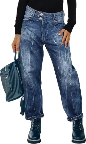 Flamingals Barrel Leg Straight Leg Mid Waist Double Button Roll Hem Denim Jeans