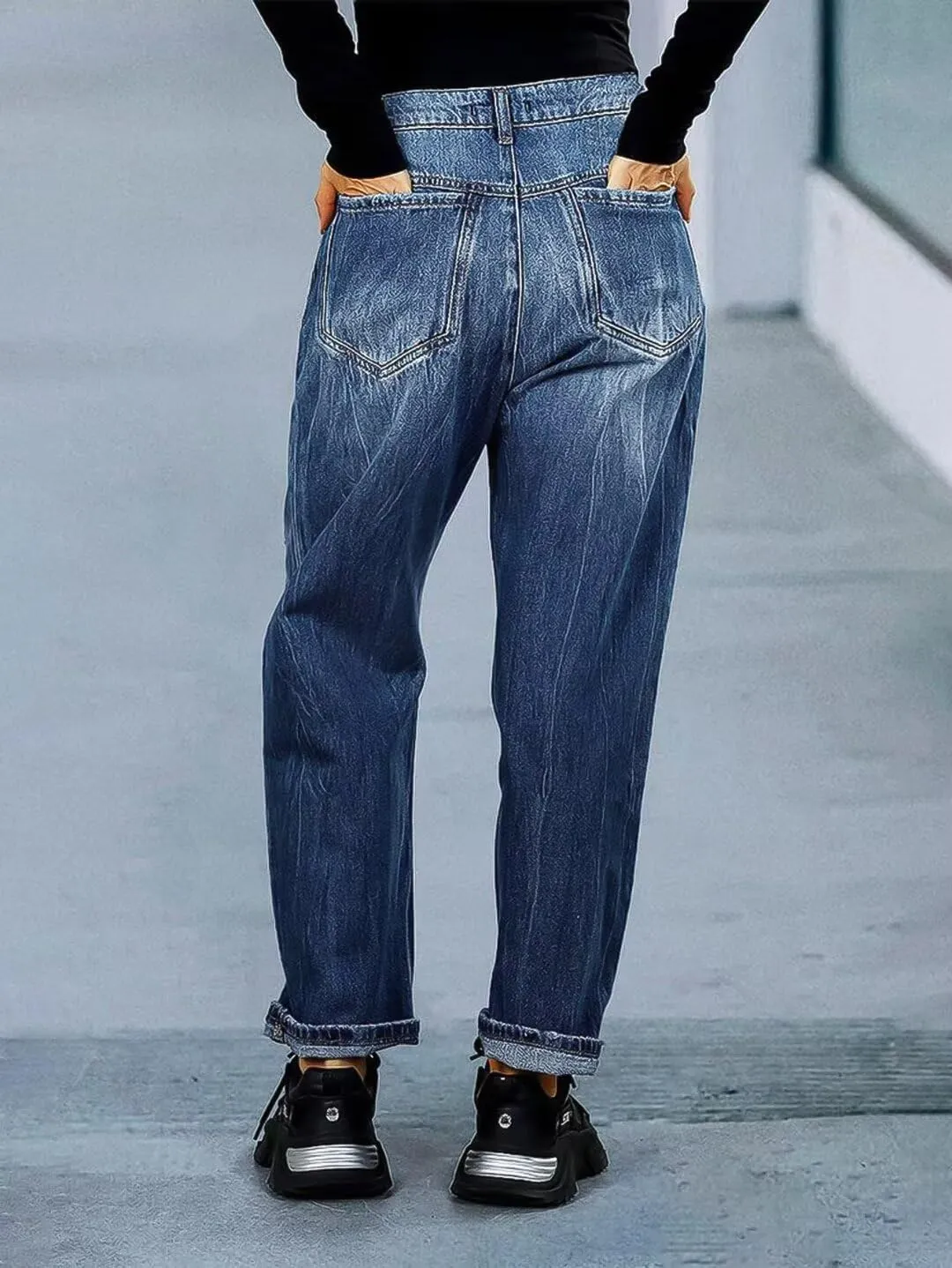 Flamingals Barrel Leg Straight Leg Mid Waist Double Button Roll Hem Denim Jeans