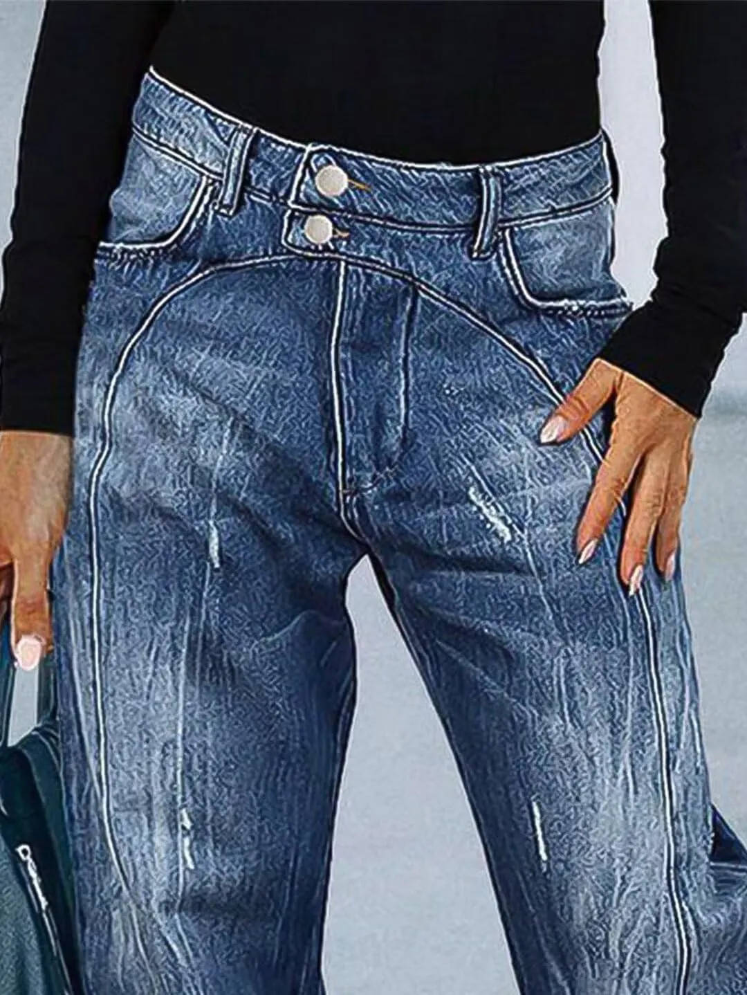 Flamingals Barrel Leg Straight Leg Mid Waist Double Button Roll Hem Denim Jeans