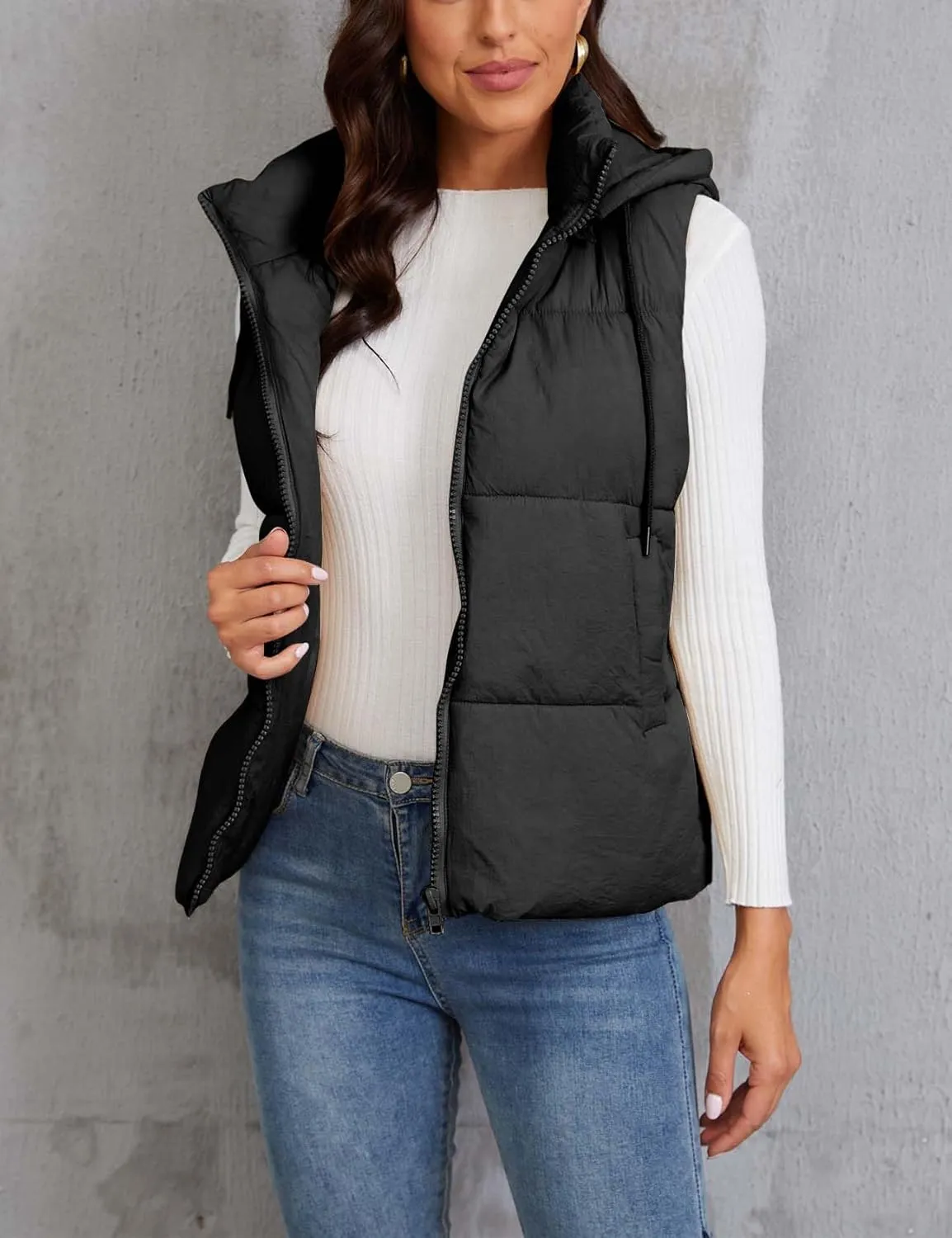 Gihuo Women's Hooded Puffer Vest Winter Warm Zip Up Vest Quilted Padded Gilet with Pockets