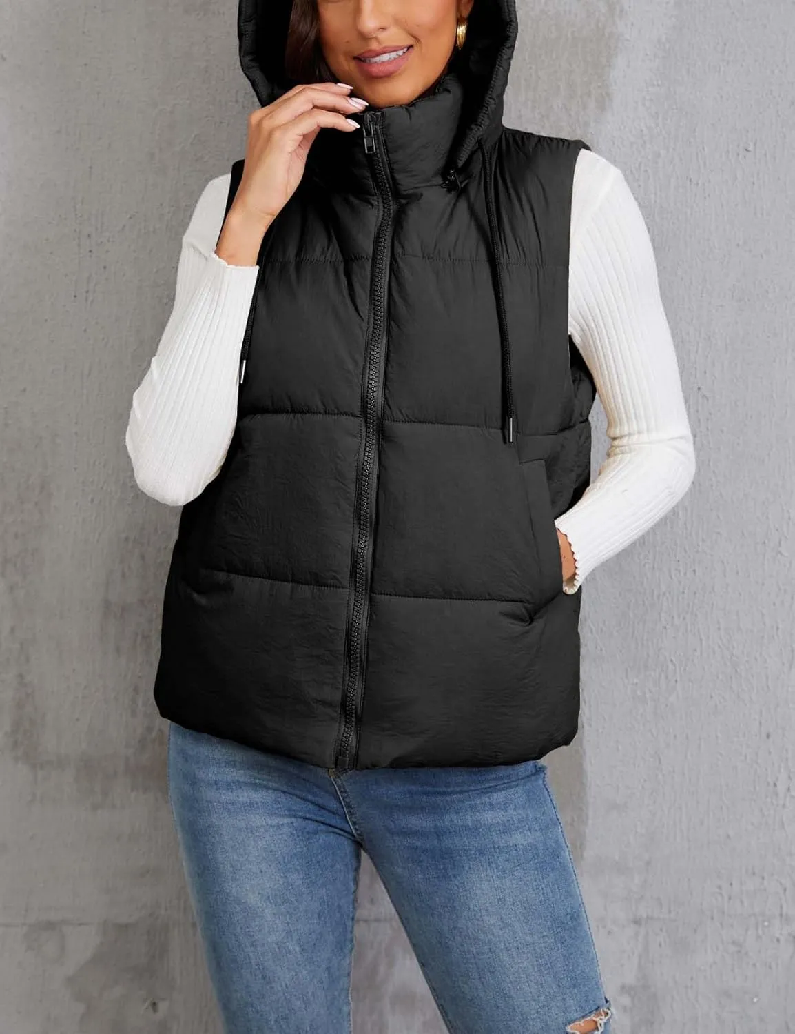 Gihuo Women's Hooded Puffer Vest Winter Warm Zip Up Vest Quilted Padded Gilet with Pockets