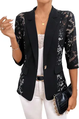 GORGLITTER Women's Sheer Lace Jacket Blazer Long Sleeve Open Front Button Casual Business Bolero Jacket