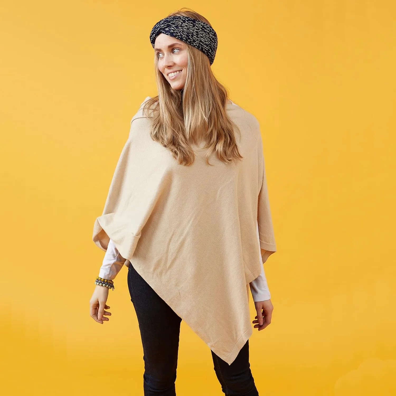 Hadley Wren Women's Classic Colorblock Everyday Cotton Poncho, Black Solid Solid