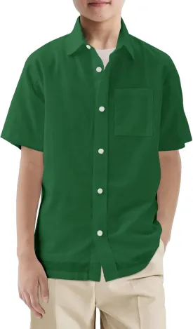 Haloumoning Boys Short Sleeve Button Down Shirt Kids Dress Shirts Formal Uniform Shirt with Pocket 5-14 Years