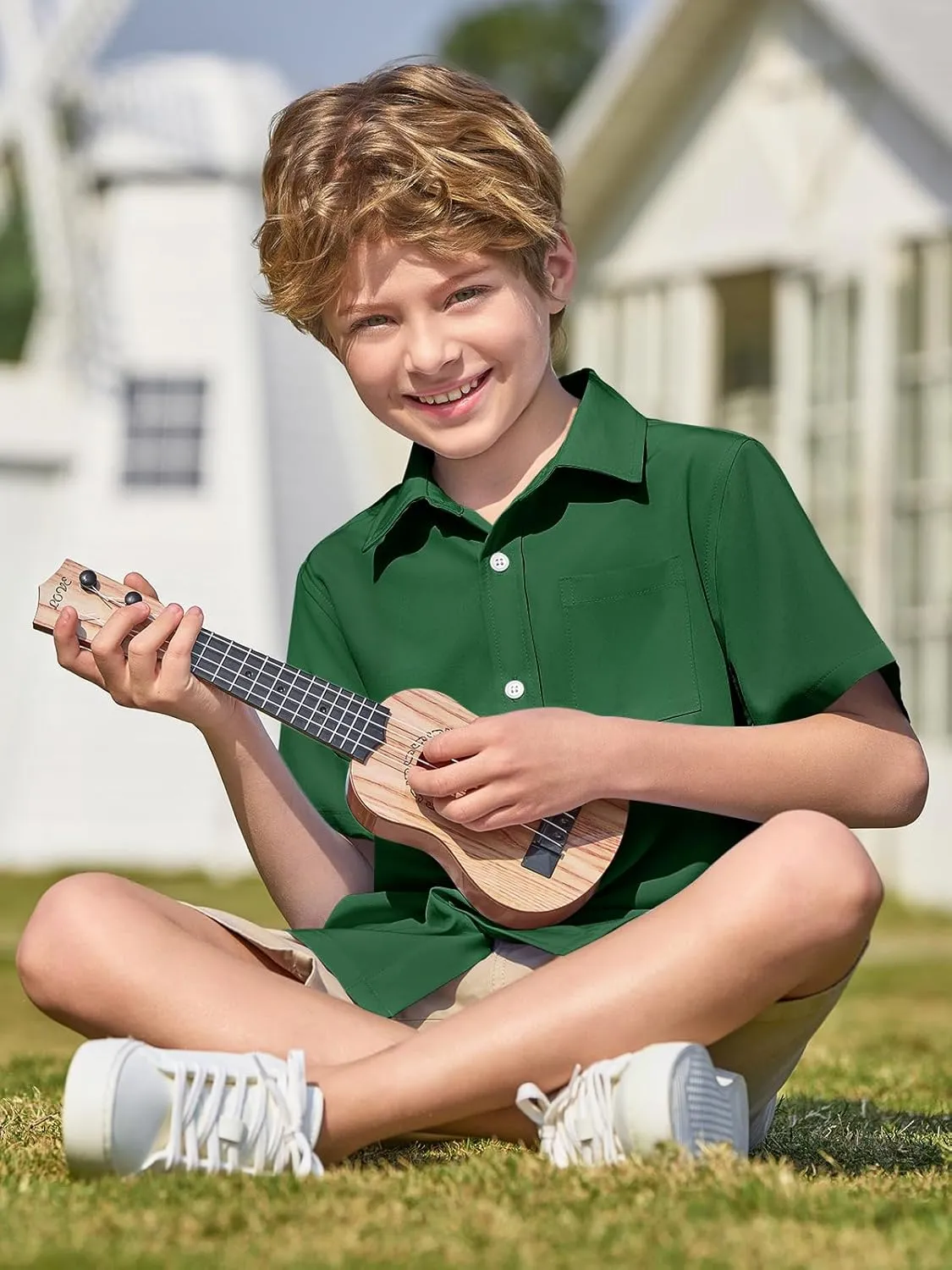 Haloumoning Boys Short Sleeve Button Down Shirt Kids Dress Shirts Formal Uniform Shirt with Pocket 5-14 Years