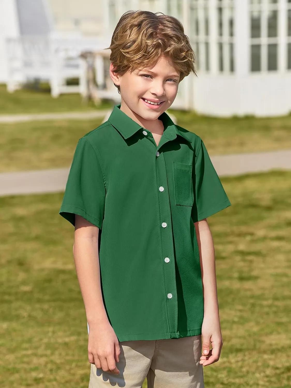 Haloumoning Boys Short Sleeve Button Down Shirt Kids Dress Shirts Formal Uniform Shirt with Pocket 5-14 Years