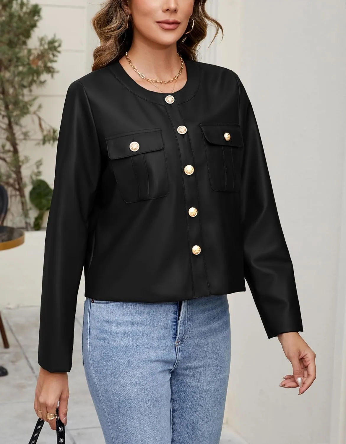 Ladyful Womens Crop Faux Leather Bomber Jacket Oversized Collarless Going Out Pu Moto Coat