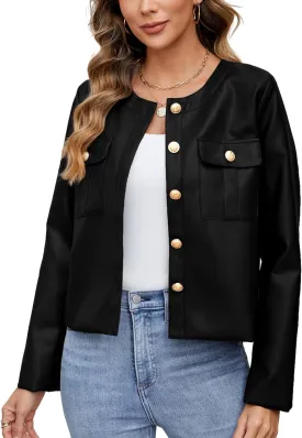 Ladyful Womens Crop Faux Leather Bomber Jacket Oversized Collarless Going Out Pu Moto Coat