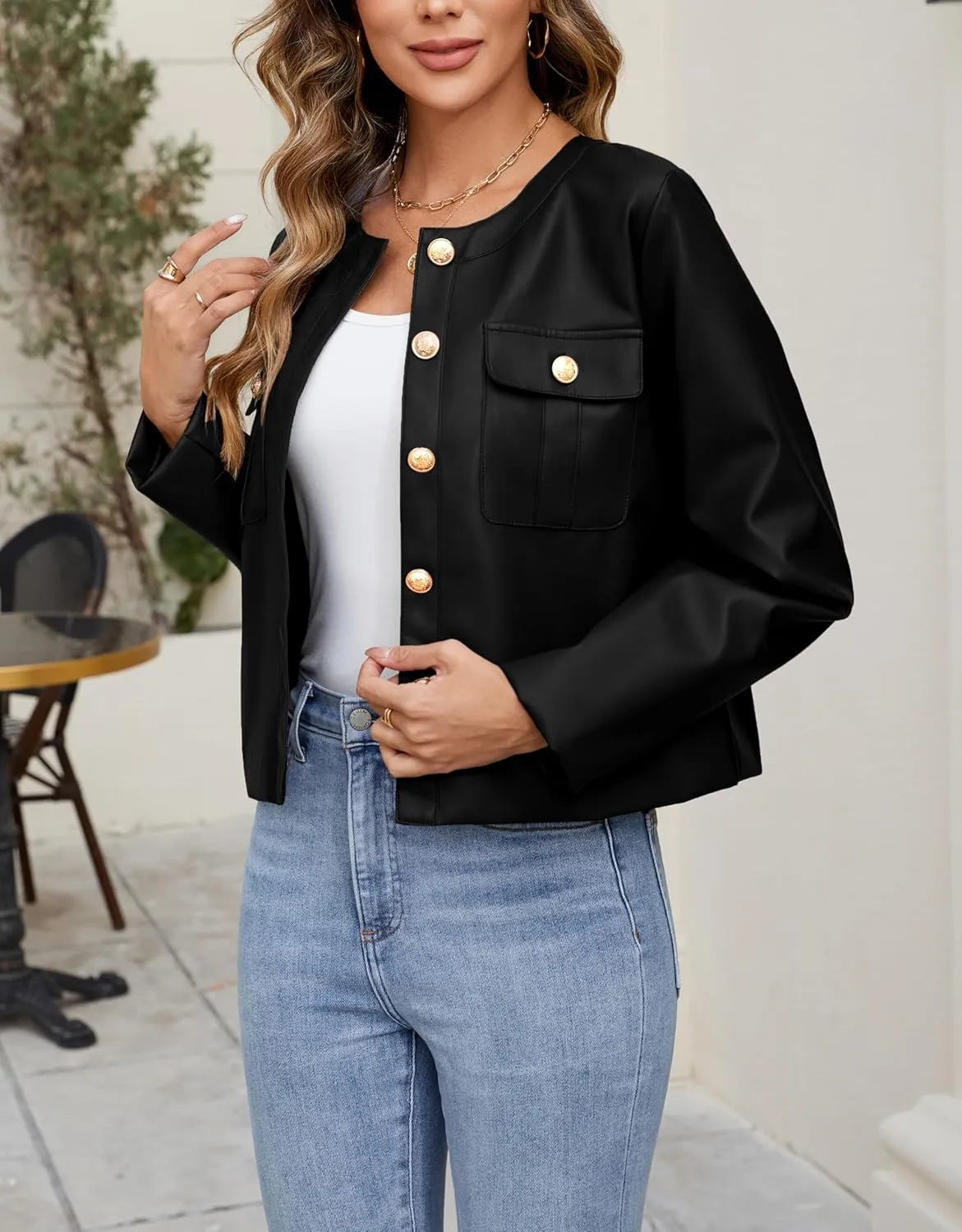 Ladyful Womens Crop Faux Leather Bomber Jacket Oversized Collarless Going Out Pu Moto Coat