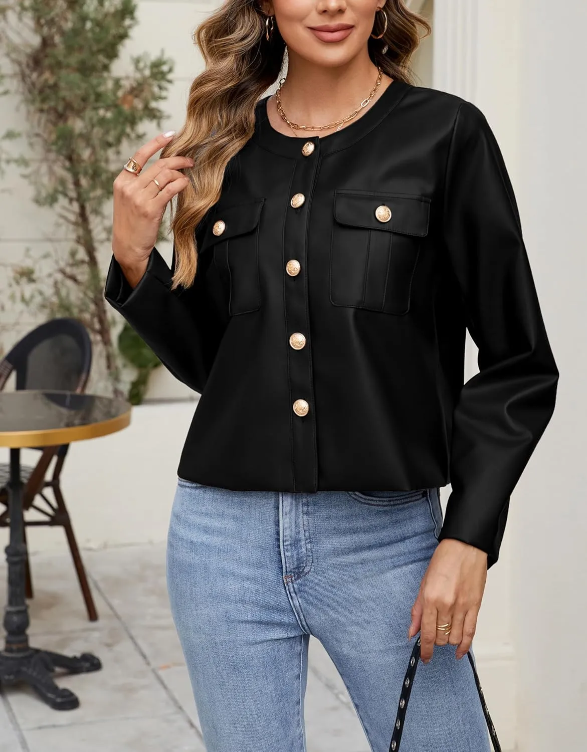 Ladyful Womens Crop Faux Leather Bomber Jacket Oversized Collarless Going Out Pu Moto Coat