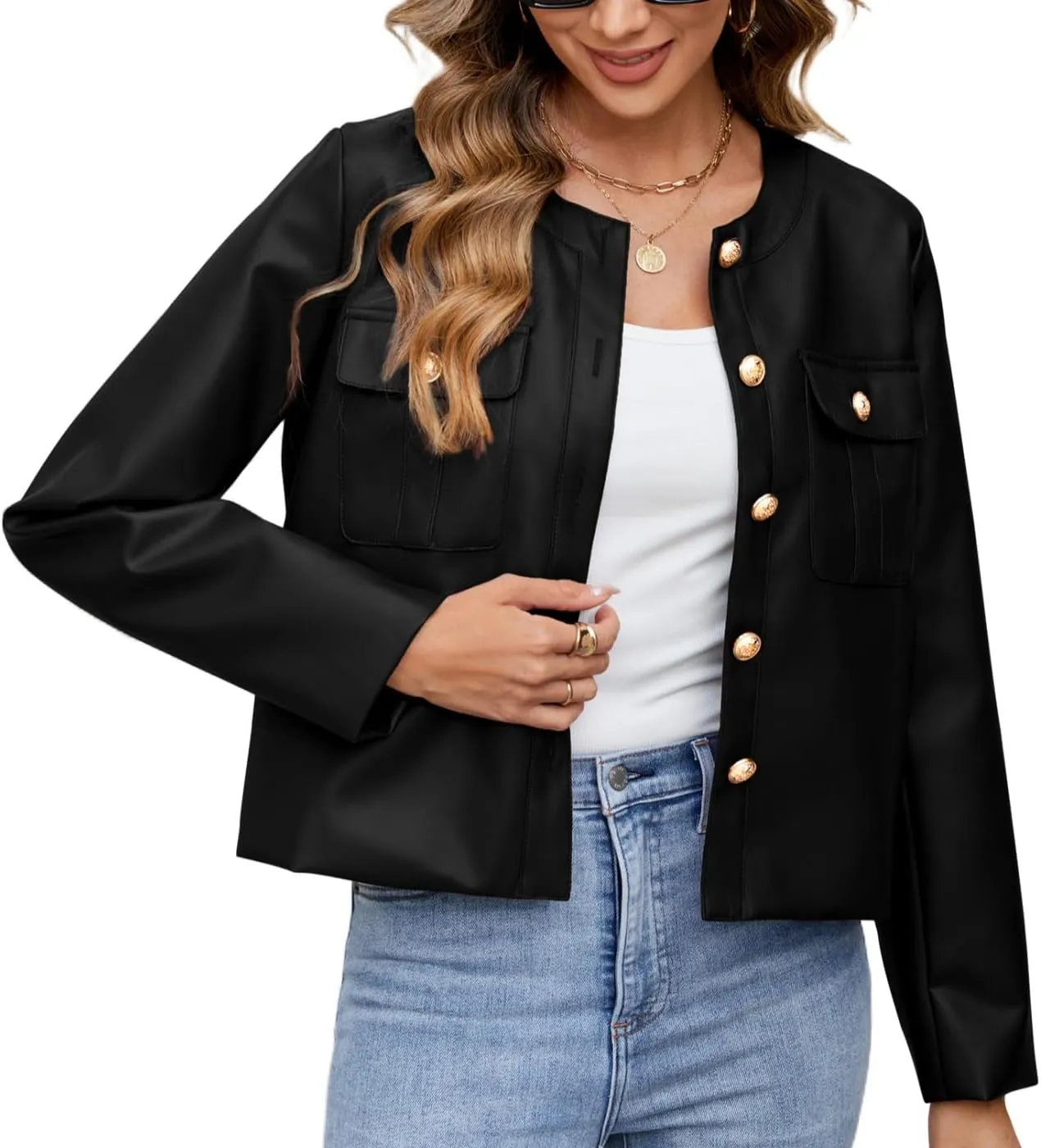 Ladyful Womens Crop Faux Leather Bomber Jacket Oversized Collarless Going Out Pu Moto Coat
