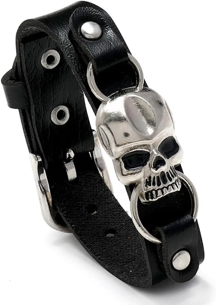 Leather Skull Bracelet for Men Gothic Punk Bracelets Vintage Black Bracelet Cuff Jewelry Wristband for Festival
