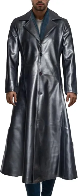 Maiyifu-GJ Men's Leather Trench Coat Full Length Vintage Faux Leather Jackets Overcoat Fashion Motorcycle Long Jacket
