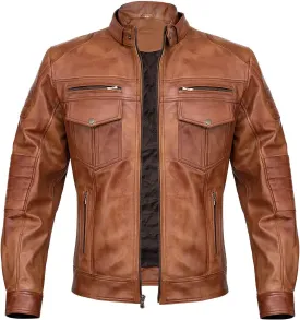 Men Cafe Racer Motorcycle Style Solid Color Leather Jacket | Mens Slim Fit Motorcycle Brown Leather Jacket