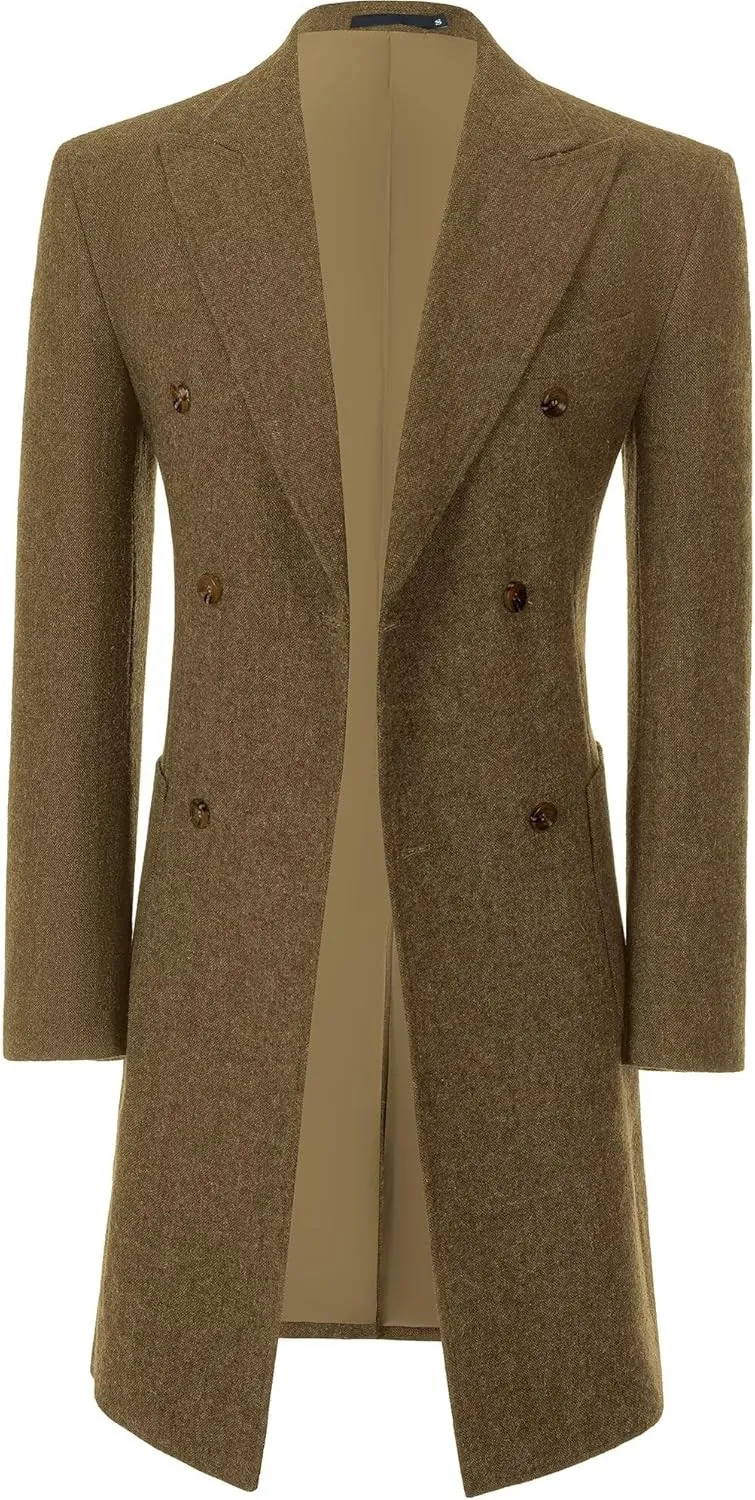 Men Trench Coat Classic Warm Peak Lapel Peacoat Mens Double Breasted Business Long Winter Mens Overcoat with Pockets