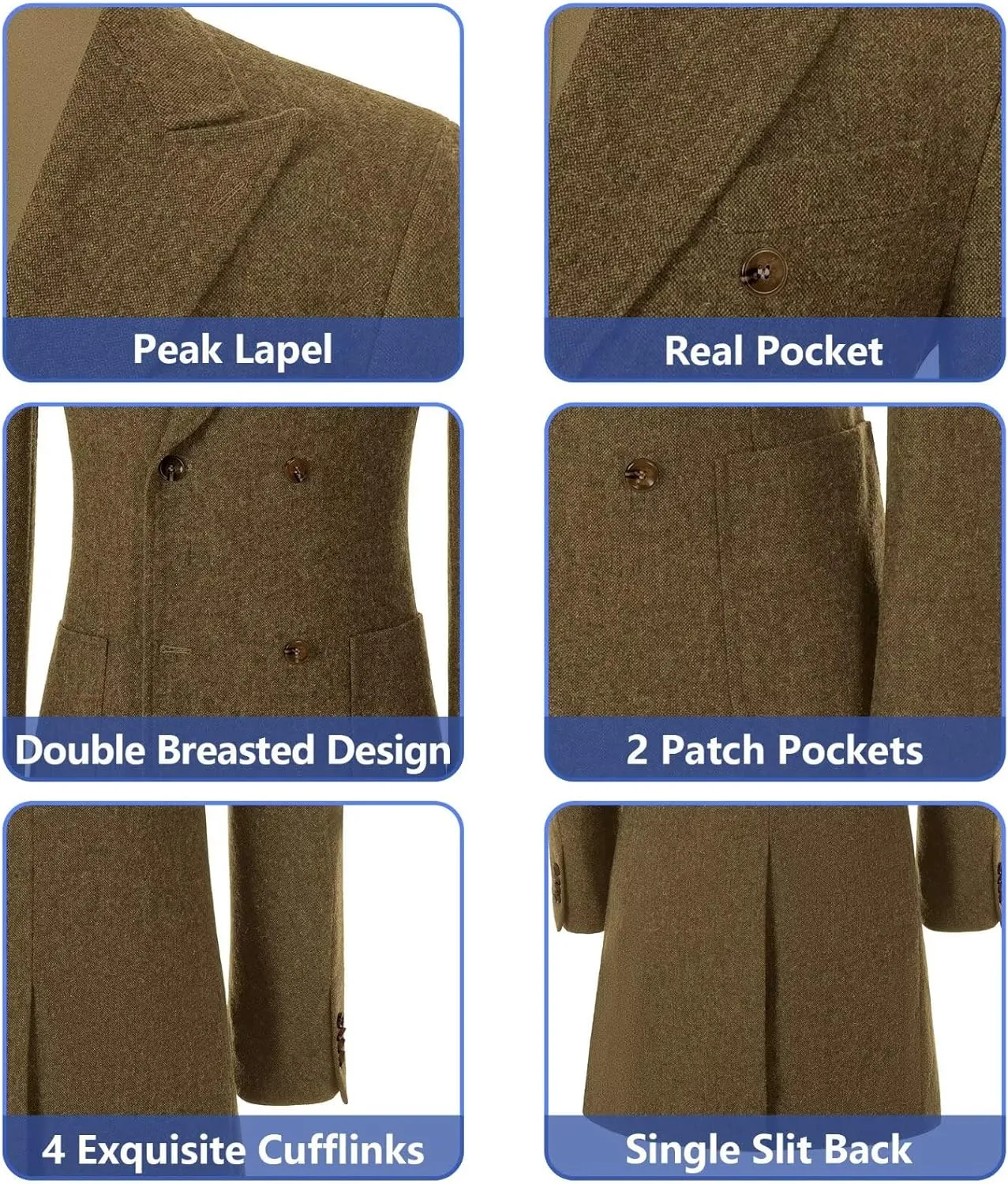 Men Trench Coat Classic Warm Peak Lapel Peacoat Mens Double Breasted Business Long Winter Mens Overcoat with Pockets