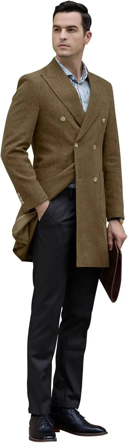 Men Trench Coat Classic Warm Peak Lapel Peacoat Mens Double Breasted Business Long Winter Mens Overcoat with Pockets